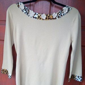 Women's Easy Knit Camel Leopard Trim Sweater, LG
